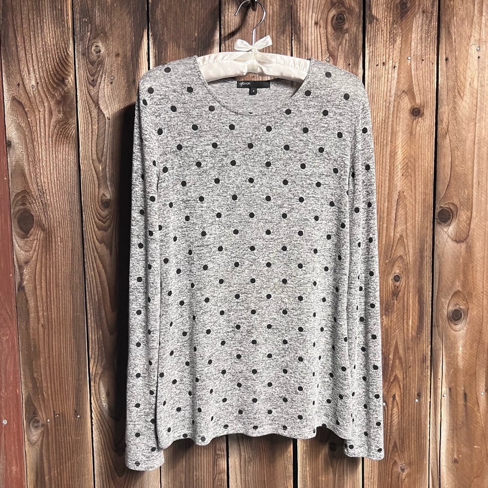 Gibson Grey & Black Classic Polka Dots Lightweight Long Sleeve Sweater Sz S